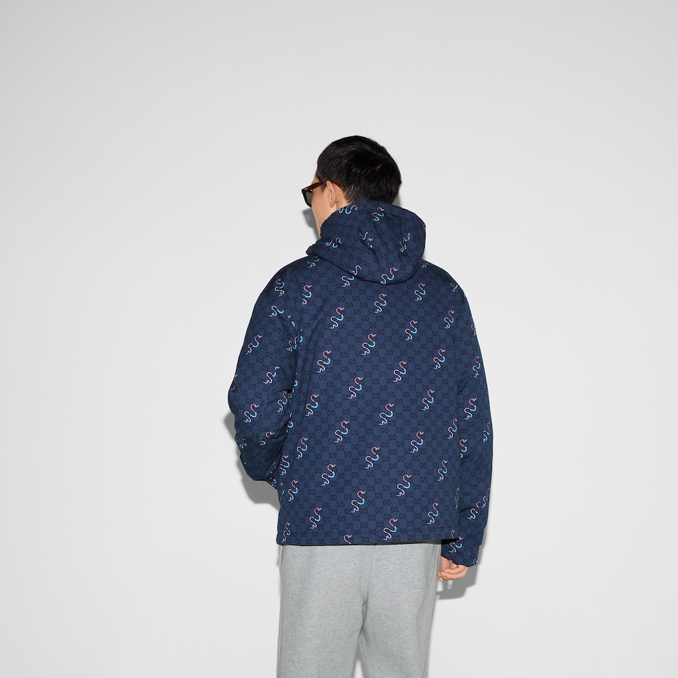 Printed cotton ripstop zip jacket in blue and Gucci Rosso Printed cotton ripstop zip jacket in blue and Gucci Rosso