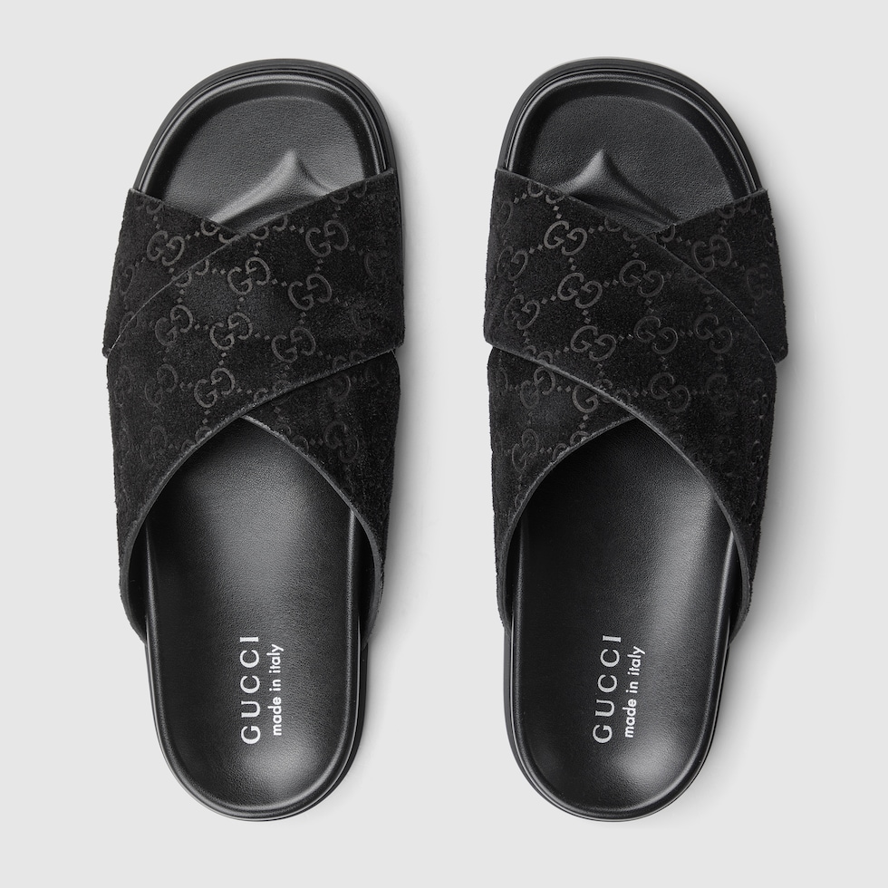 Men's slide sandal in black GG suede | GUCCI® CZ