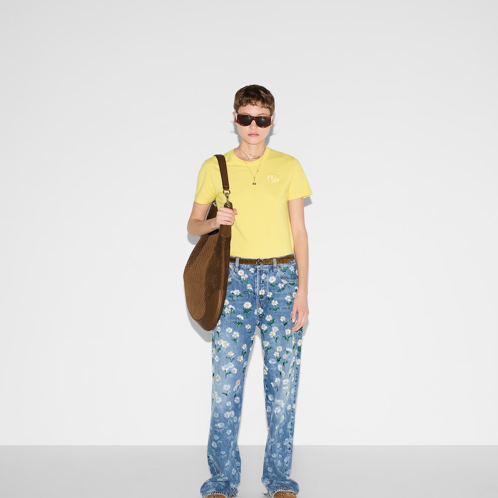 Embroidered cotton jersey T-shirt in yellow | GUCCI® US