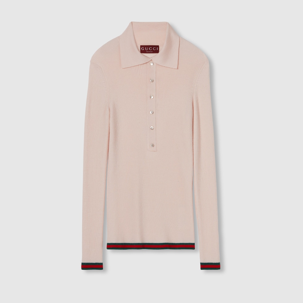 Cashmere and silk polo top with Web in pale pink | GUCCI® US