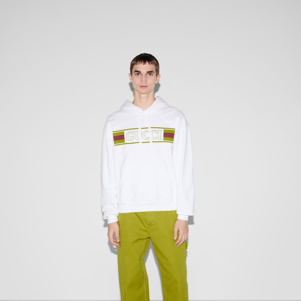 Embroidered cotton hooded sweatshirt in white | GUCCI® SG