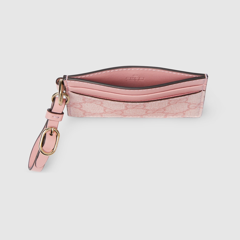 GG Emblem card case with strap in light pink coated fabric GG Emblem card case with strap in light pink coated fabric