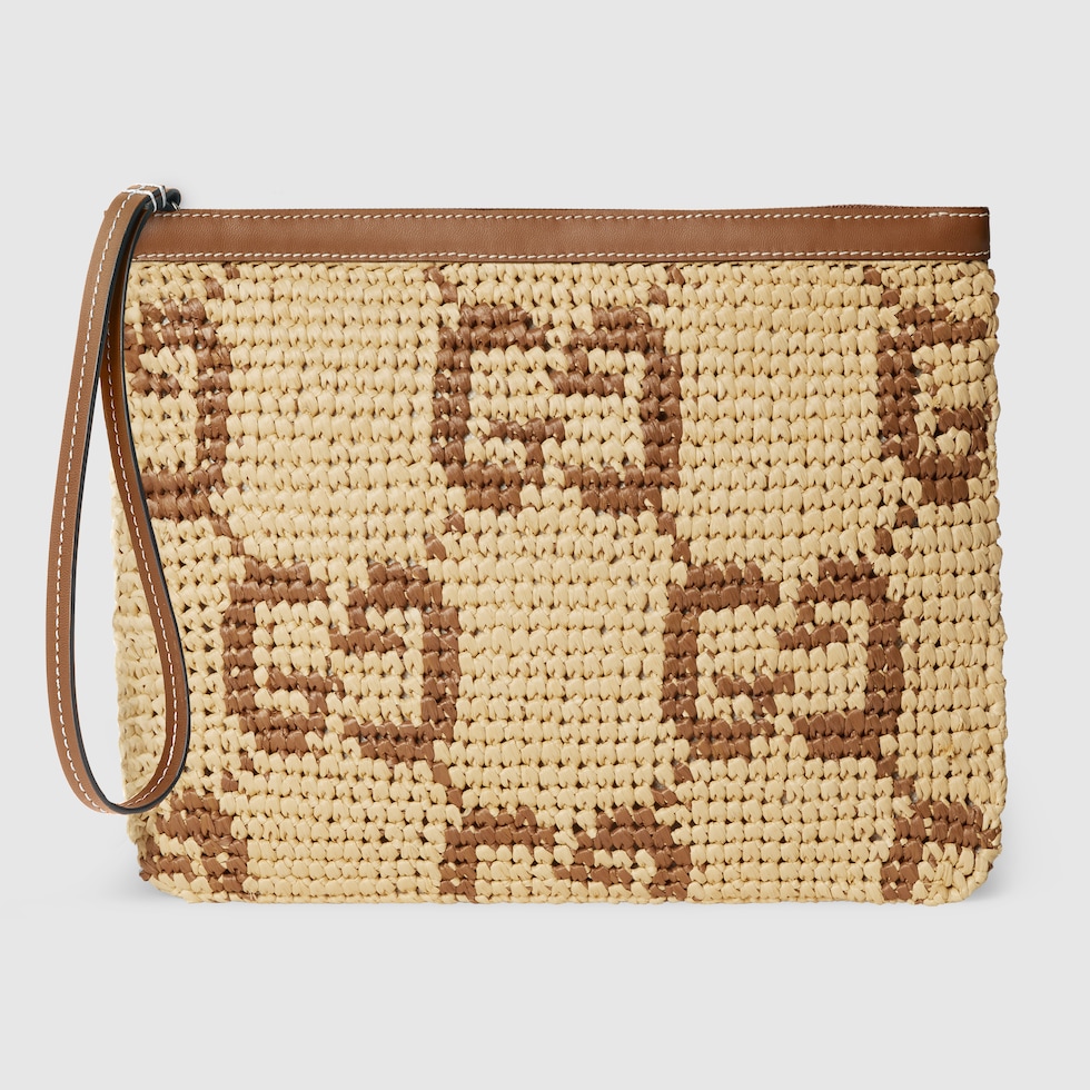 Woven pouch in natural and brown fabric | GUCCI® US