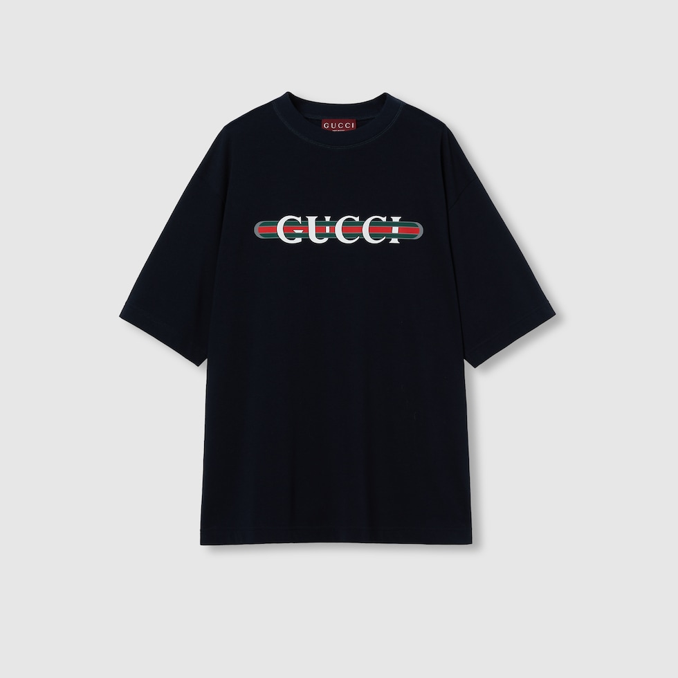 Cotton jersey T-shirt with print in dark blue | GUCCI® US Cotton jersey T-shirt with print in dark blue | GUCCI® US