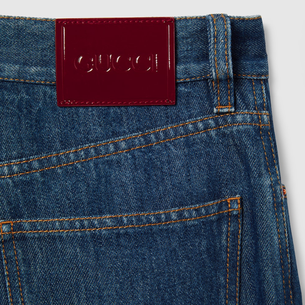 デニム・ジーパン GUCCI Woman Jeans Blue 816971XDC5F 4100 Denim pant with Gucci label in dark blue | GUCCI® US