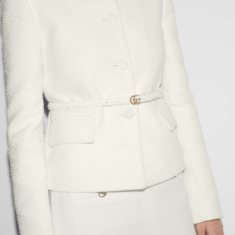 Cotton bouclé belted jacket in off white | GUCCI® US Cotton bouclé belted jacket in off white | GUCCI® US