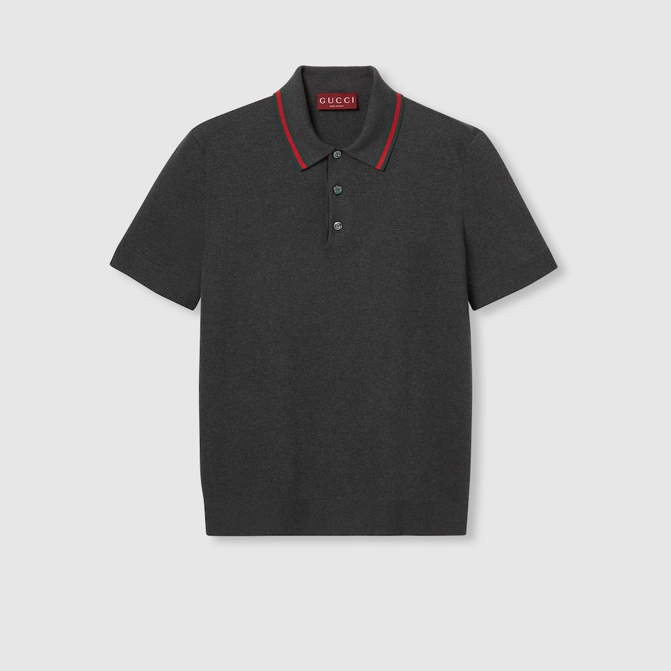 Silk cotton polo shirt with Web in dark grey | GUCCI® US