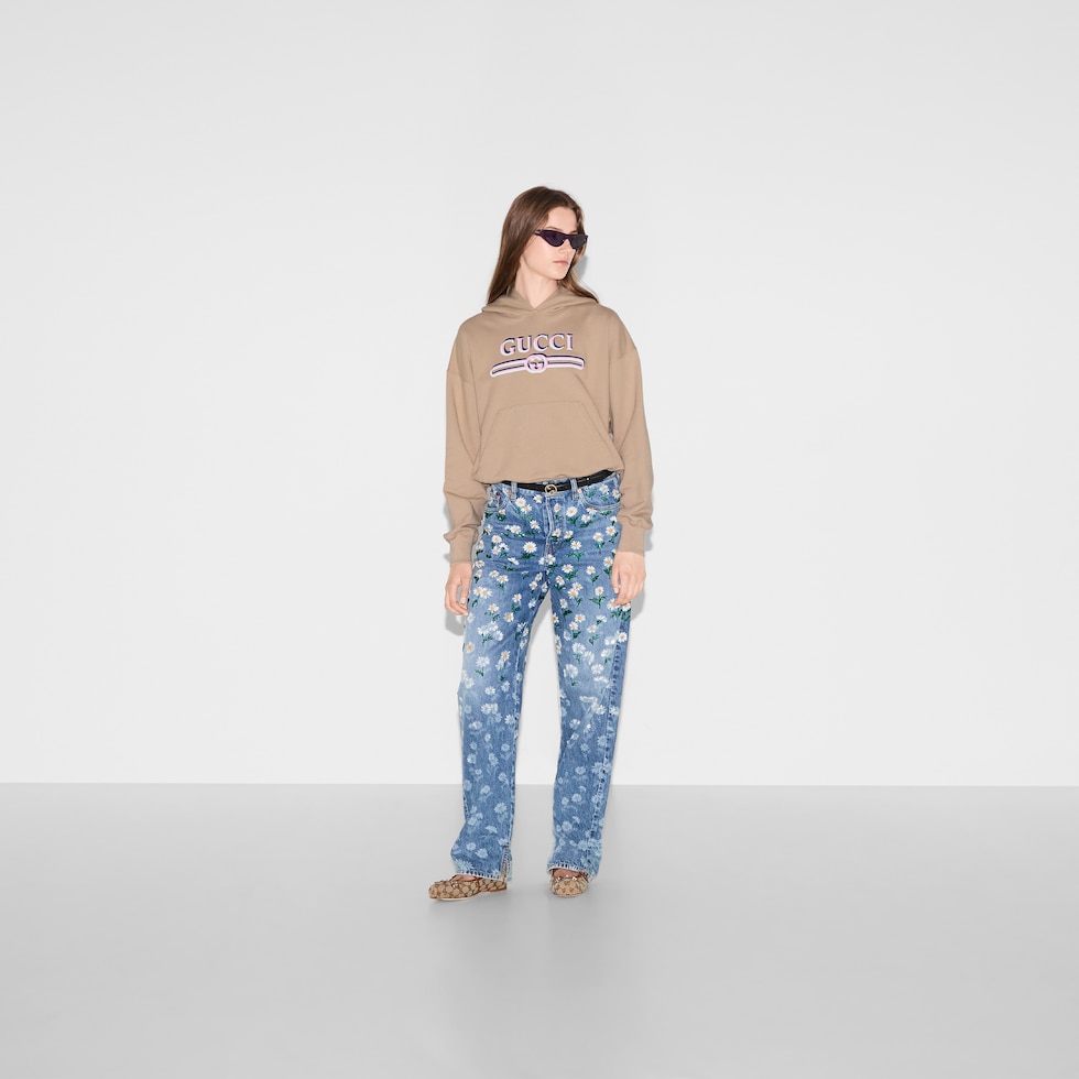 Cotton hooded sweatshirt with print in camel | GUCCI® US