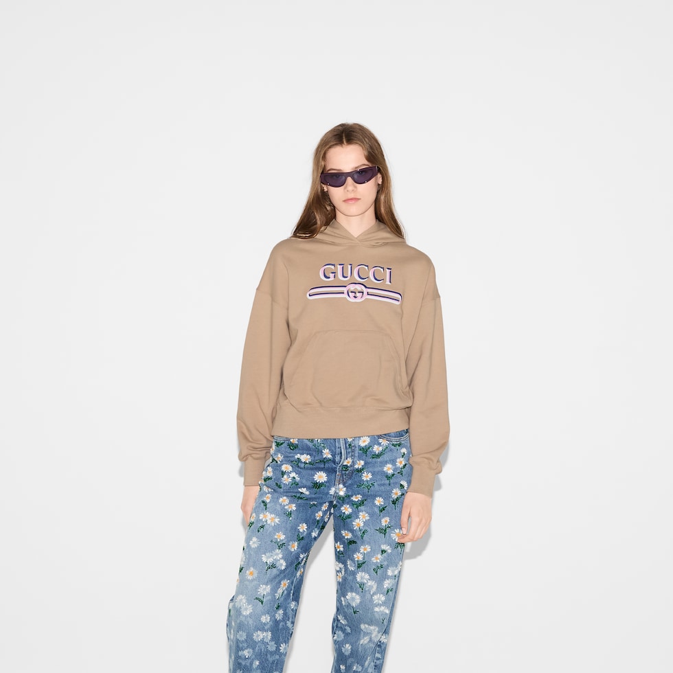 Cotton hooded sweatshirt with print in camel | GUCCI® US