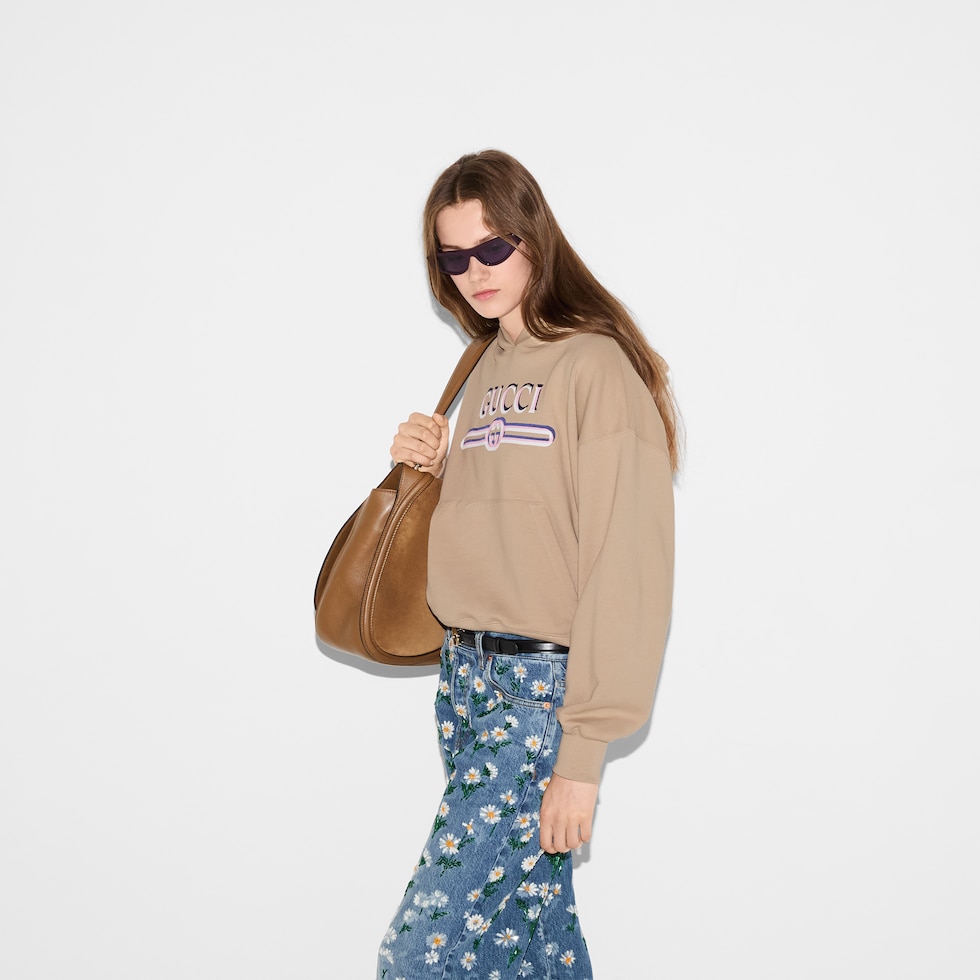Cotton hooded sweatshirt with print in camel | GUCCI® US