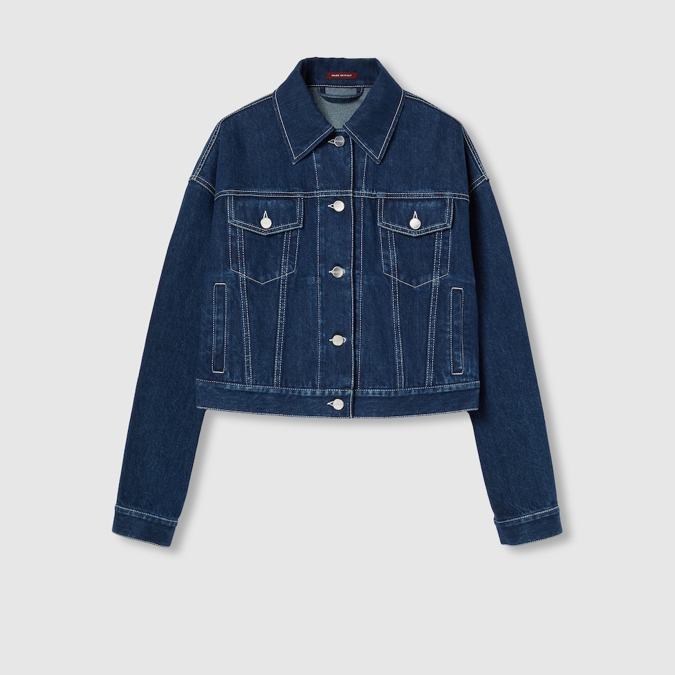 Relaxed cropped fit denim jacket in blue | GUCCI® SE