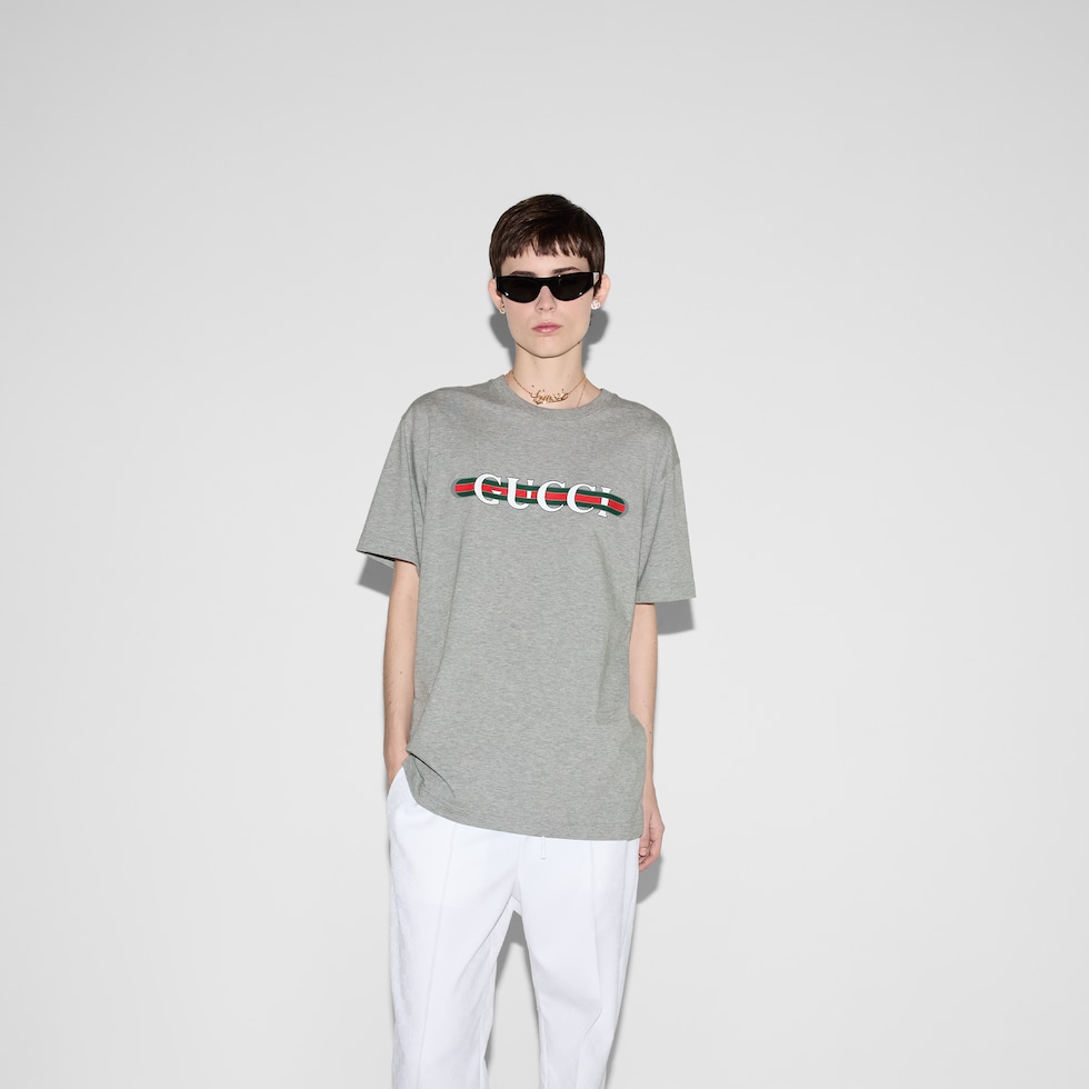 Tシャツ・カットソー GUCCI Women Tops 788093XJG6T 1230 Grey Cotton jersey T-shirt with print in grey | GUCCI® CA