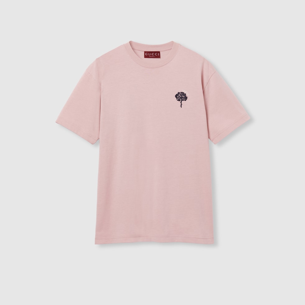 25新作 GUCCI COTTON JERSEY T-SHIRT WITH EMBROIDERY Tシャツ Cotton jersey T-shirt with embroidery in rose pink | GUCCI® SI