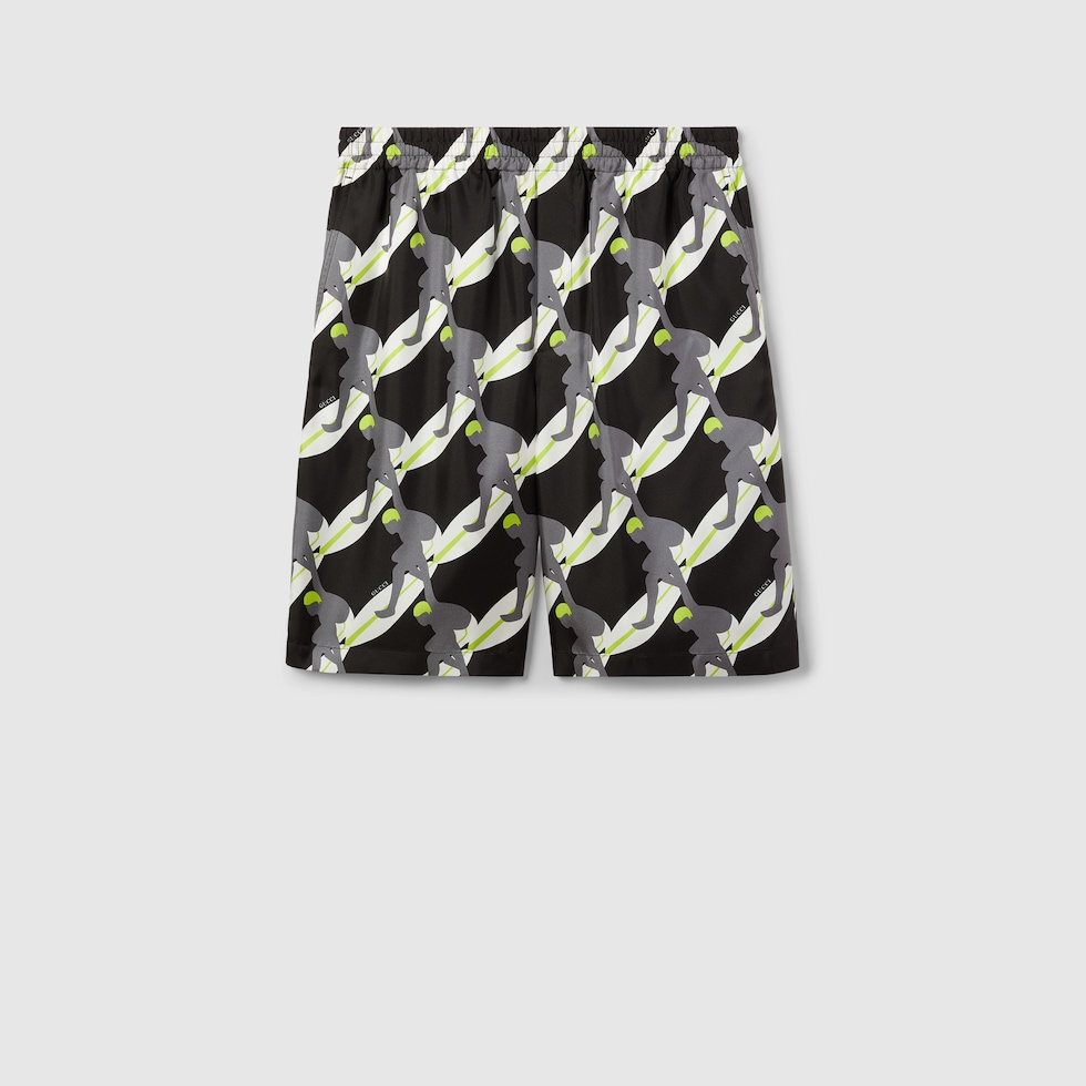 Printed silk twill shorts in black, white and green | GUCCI® US Printed silk twill shorts in black, white and green | GUCCI® US
