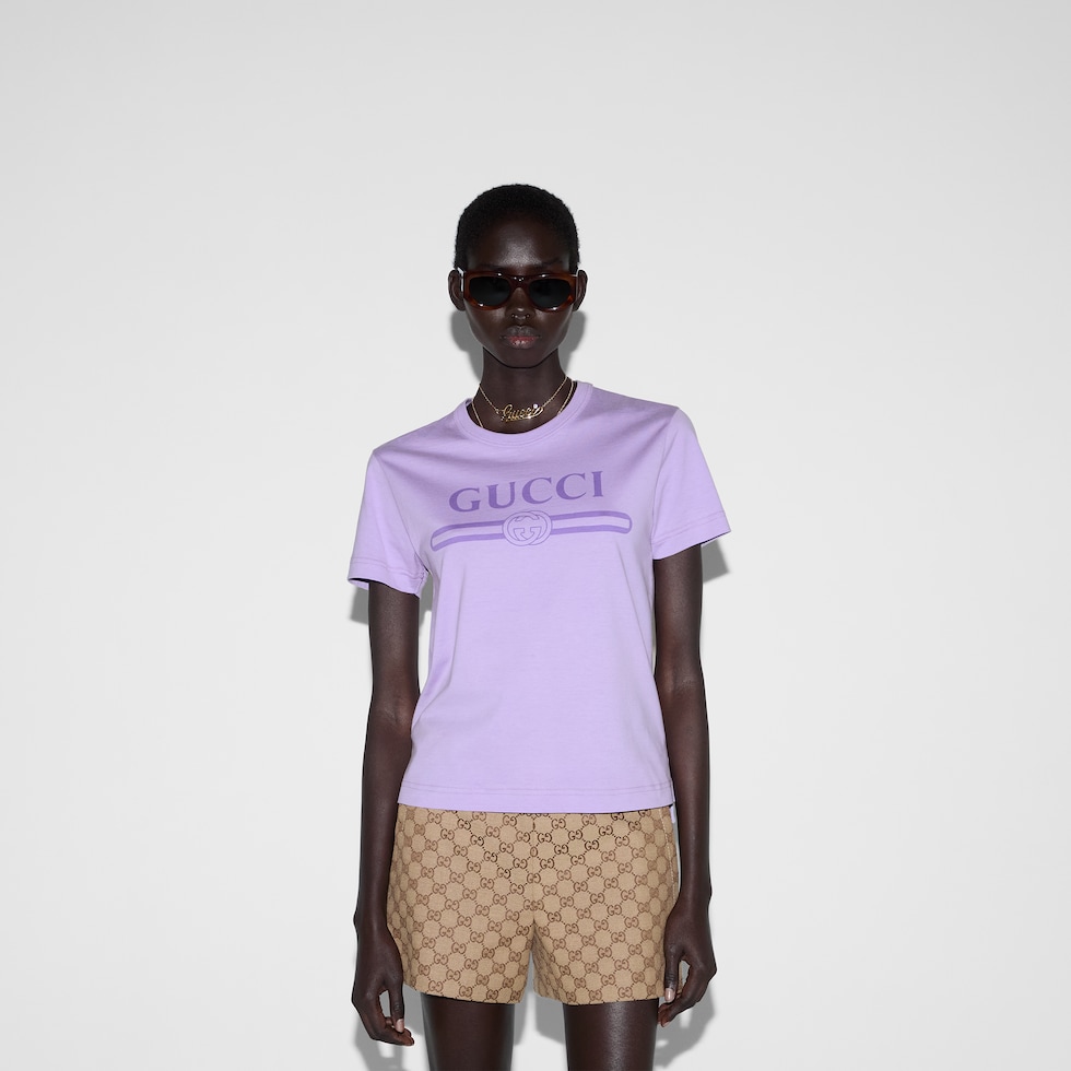 Printed cotton jersey T-shirt in black | GUCCI® US