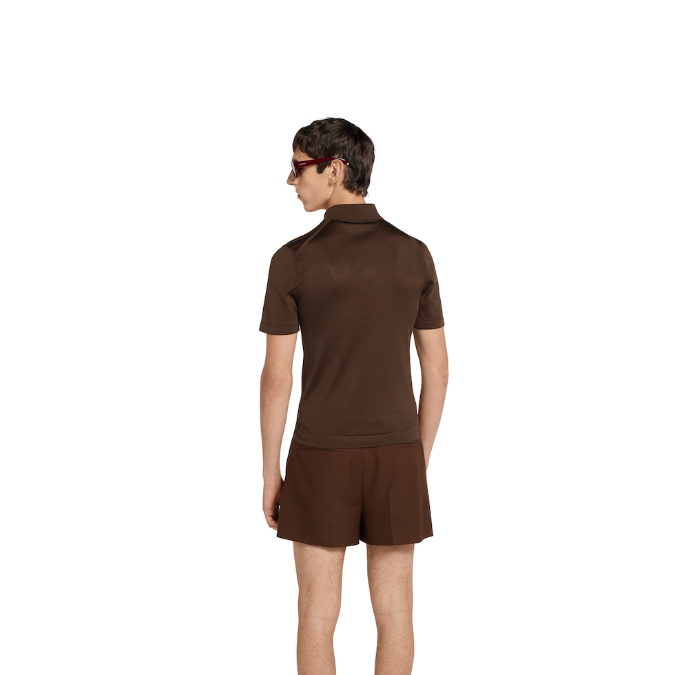 Fine silk knit polo top with intarsia in dark brown | GUCCI® US