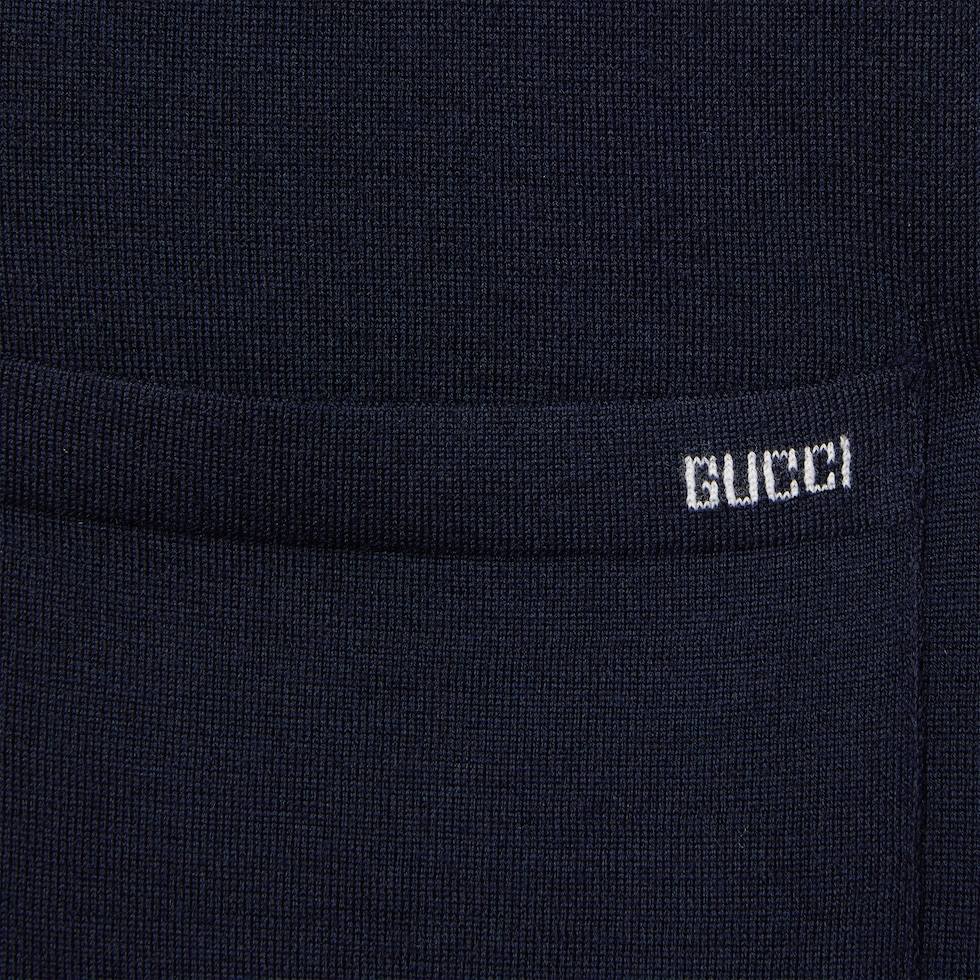 Fine wool knit cardigan with intarsia in dark blue | GUCCI® US