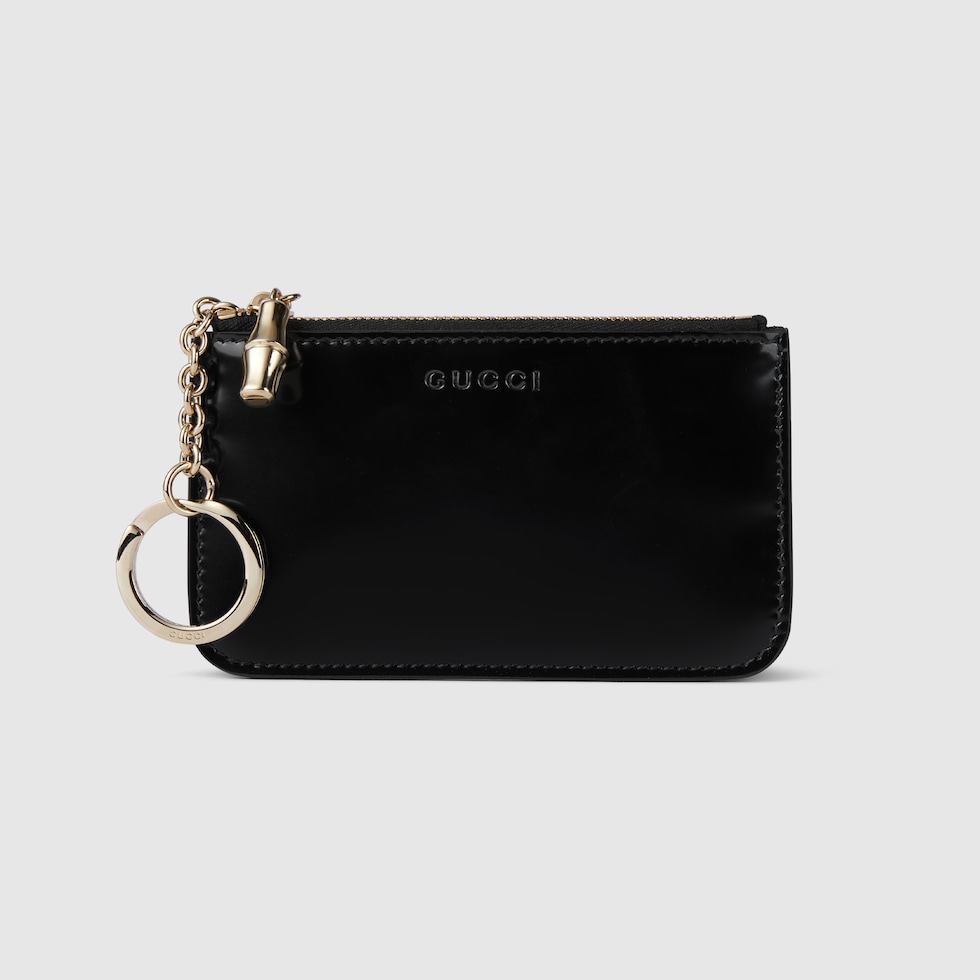 Zip key case with bamboo in black leather | GUCCI® US