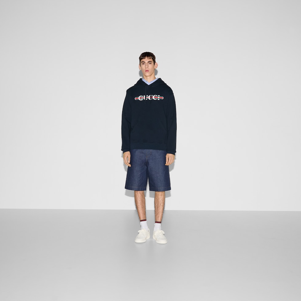 Printed cotton jersey hooded sweatshirt in navy | GUCCI® US
