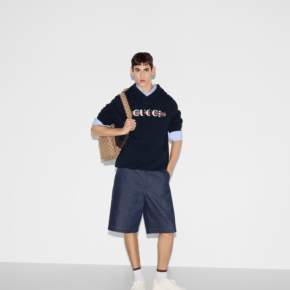 パーカー・フーディ GUCCI Printed Cotton Hood Navy 788771XJG594735 788771XJG5947 Cotton jersey hooded sweatshirt in blue navy | GUCCI® US