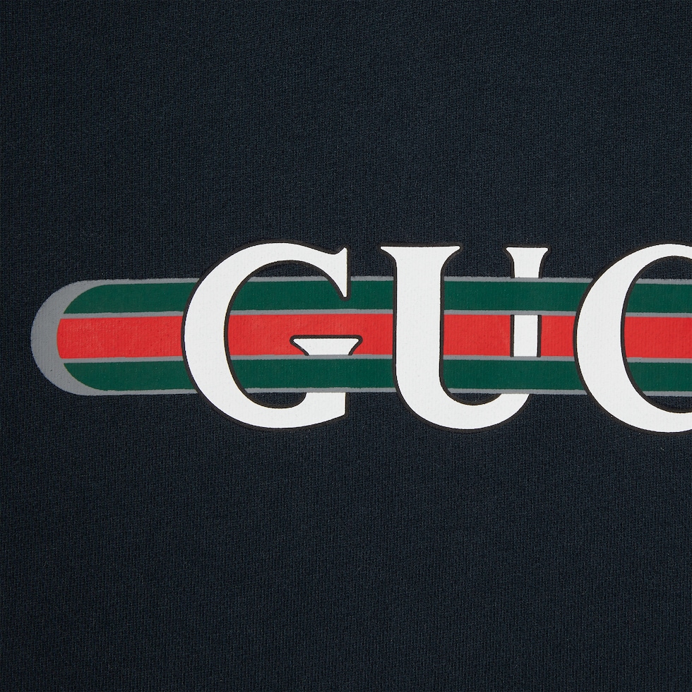Printed cotton jersey hooded sweatshirt in navy | GUCCI® FI