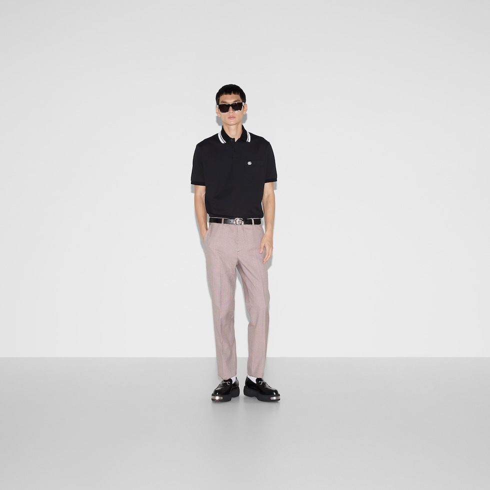 Cotton polo shirt with embroidery in navy | GUCCI® US