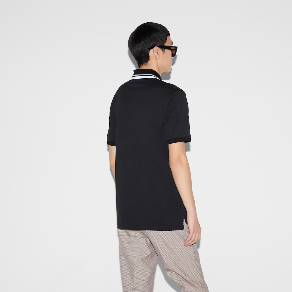 Cotton polo shirt with embroidery in navy | GUCCI® US