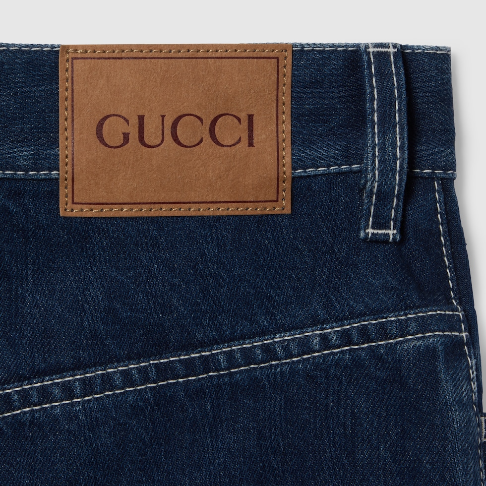 Mini lasered denim skirt in blue | GUCCI® US