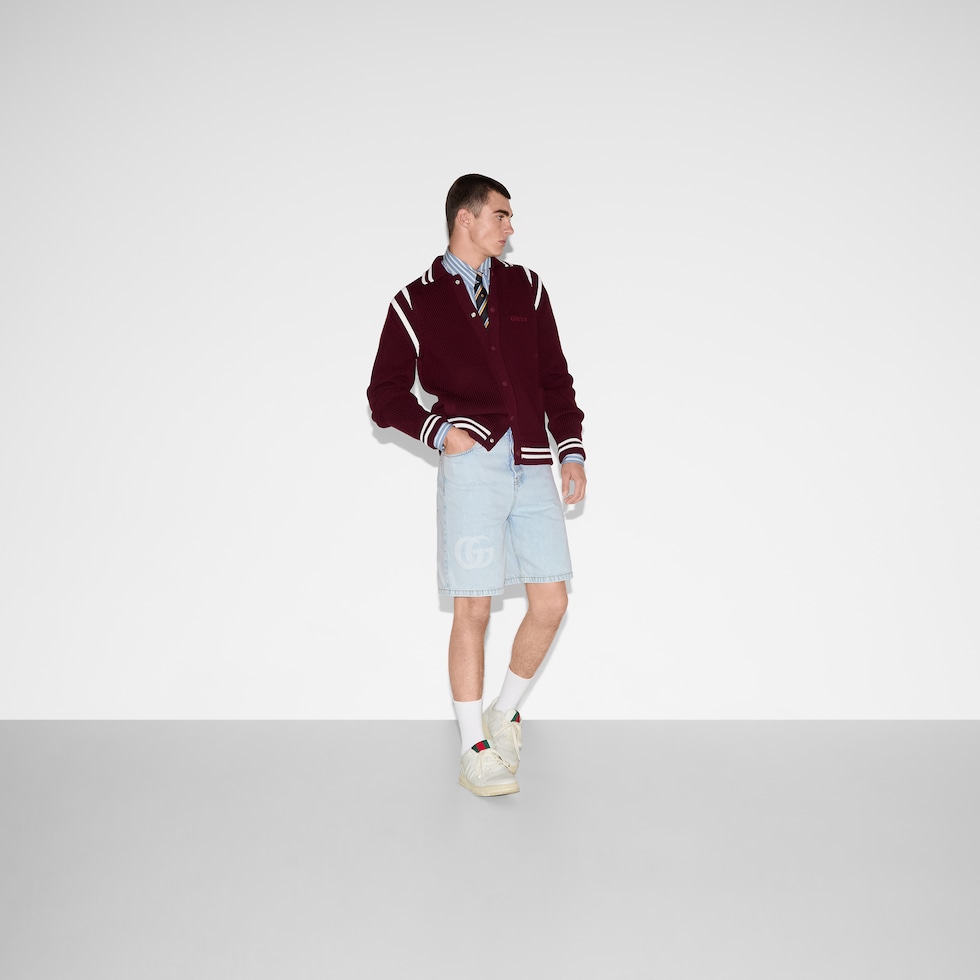 Lasered denim shorts in light blue | GUCCI® US