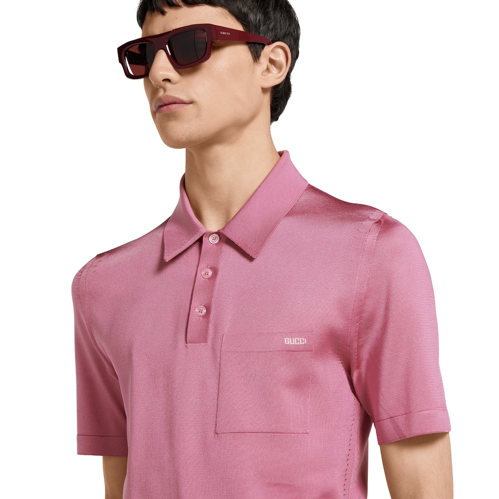 Fine silk knit polo top with intarsia in pink | GUCCI® US