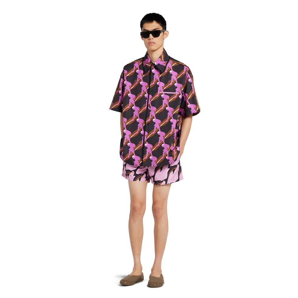Printed technical poplin swim short in pink and dark brown