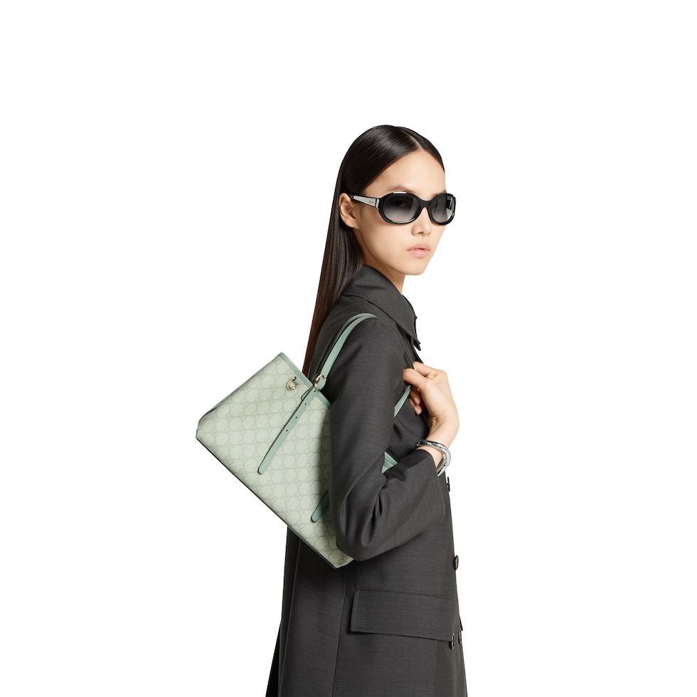 GG Emblem medium tote bag in sage green fabric | GUCCI® US GG Emblem medium tote bag in sage green fabric | GUCCI® US