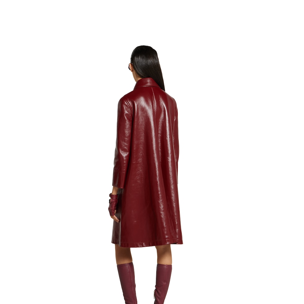Shiny leather double-breasted coat in Rosso Ancora red