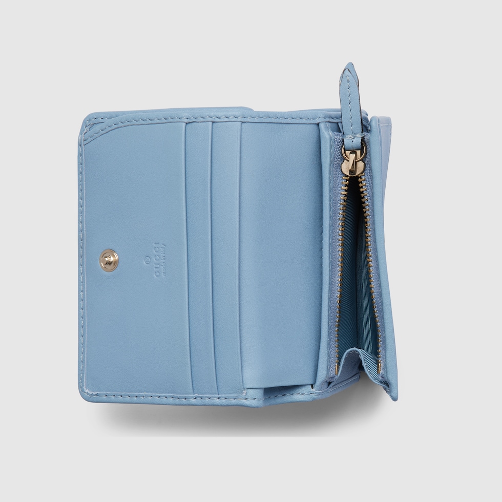 GG Emblem mini wallet in light blue coated fabric | GUCCI® US GG Emblem mini wallet in light blue coated fabric | GUCCI® US