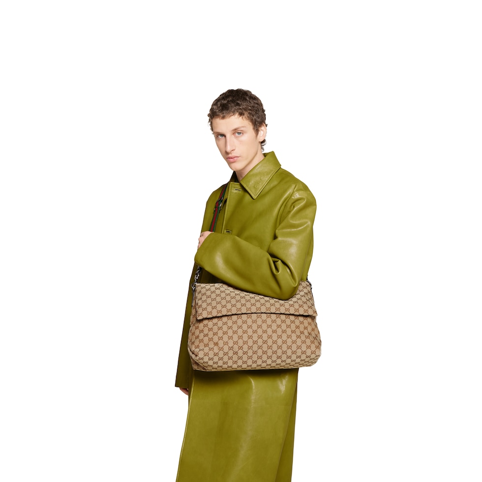 Medium GG crossbody bag with Web in beige and dark brown