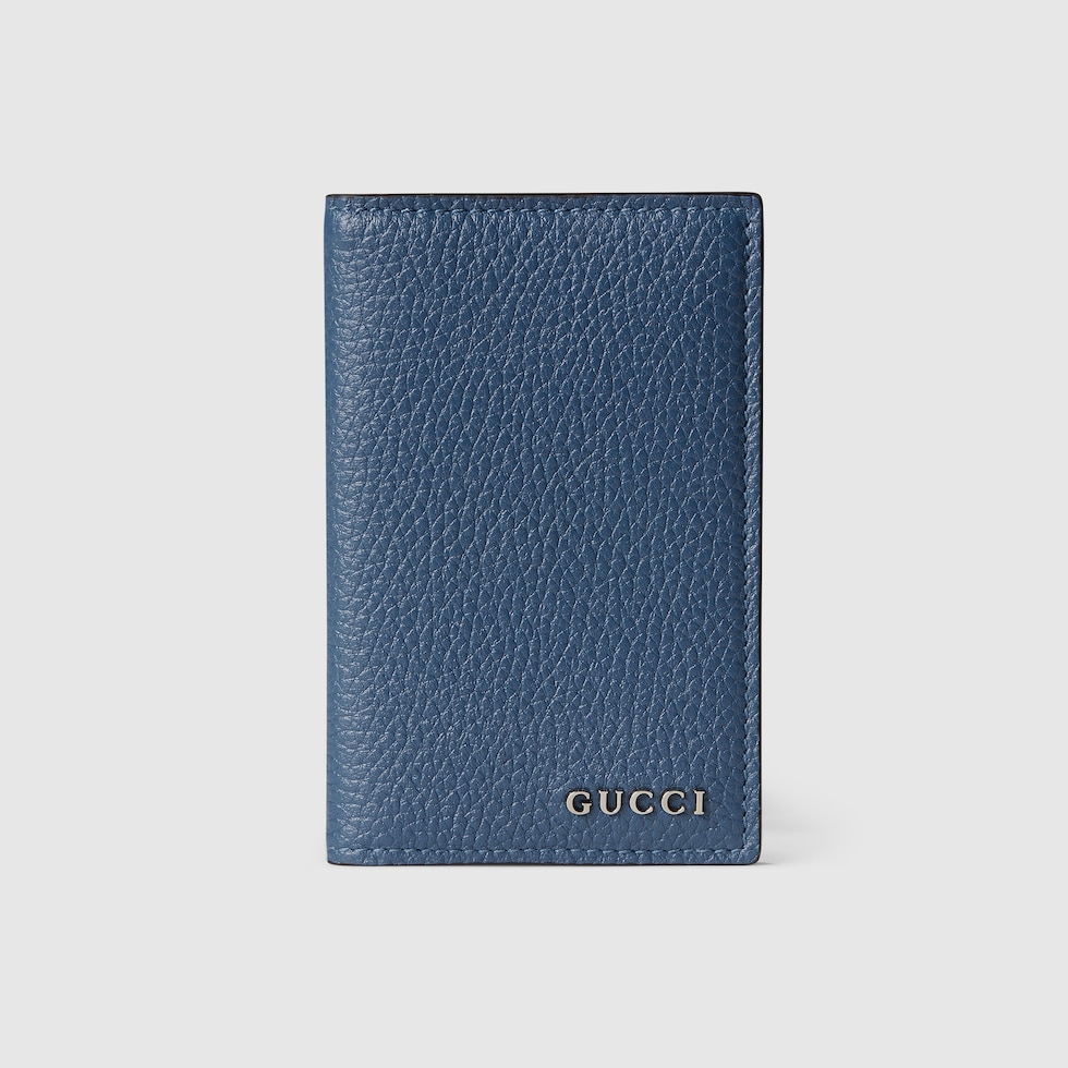 Long card case with Gucci script in blue grainy leather | GUCCI® US
