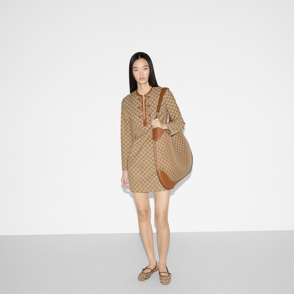 GG canvas dress with Horsebit in camel and dark brown