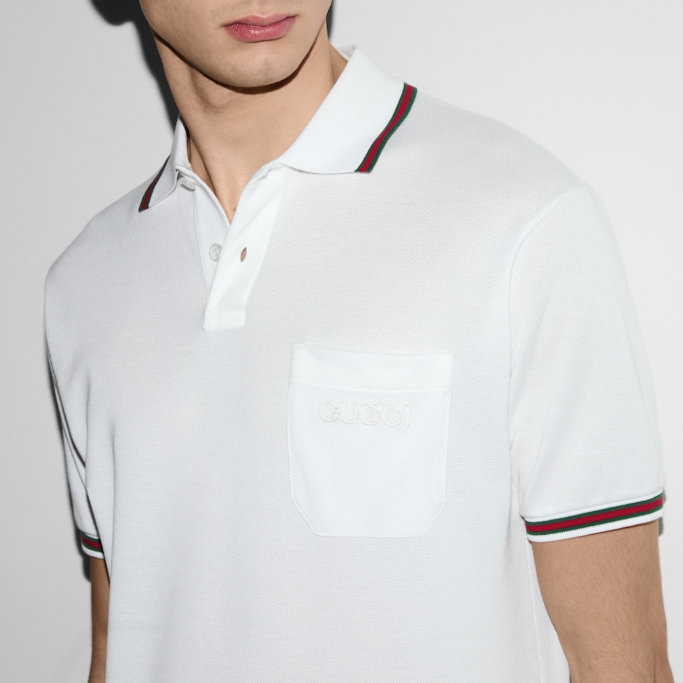 Knit cotton polo shirt with intarsia in white | GUCCI® US