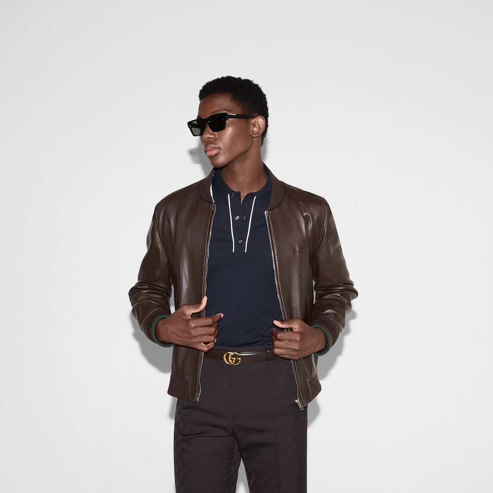 Embroidered cotton piquet polo shirt in navy | GUCCI® US