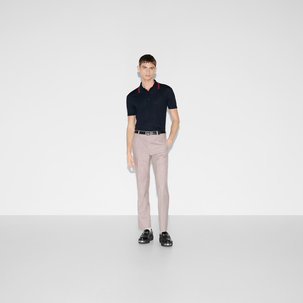 Wool knit polo shirt with Web in dark blue | GUCCI® US