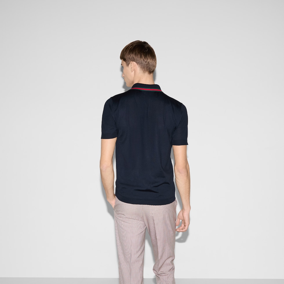 Wool knit polo shirt with Web in dark blue | GUCCI® US