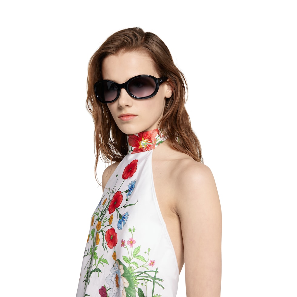Self-tie silk twill halter top in white and multicolor