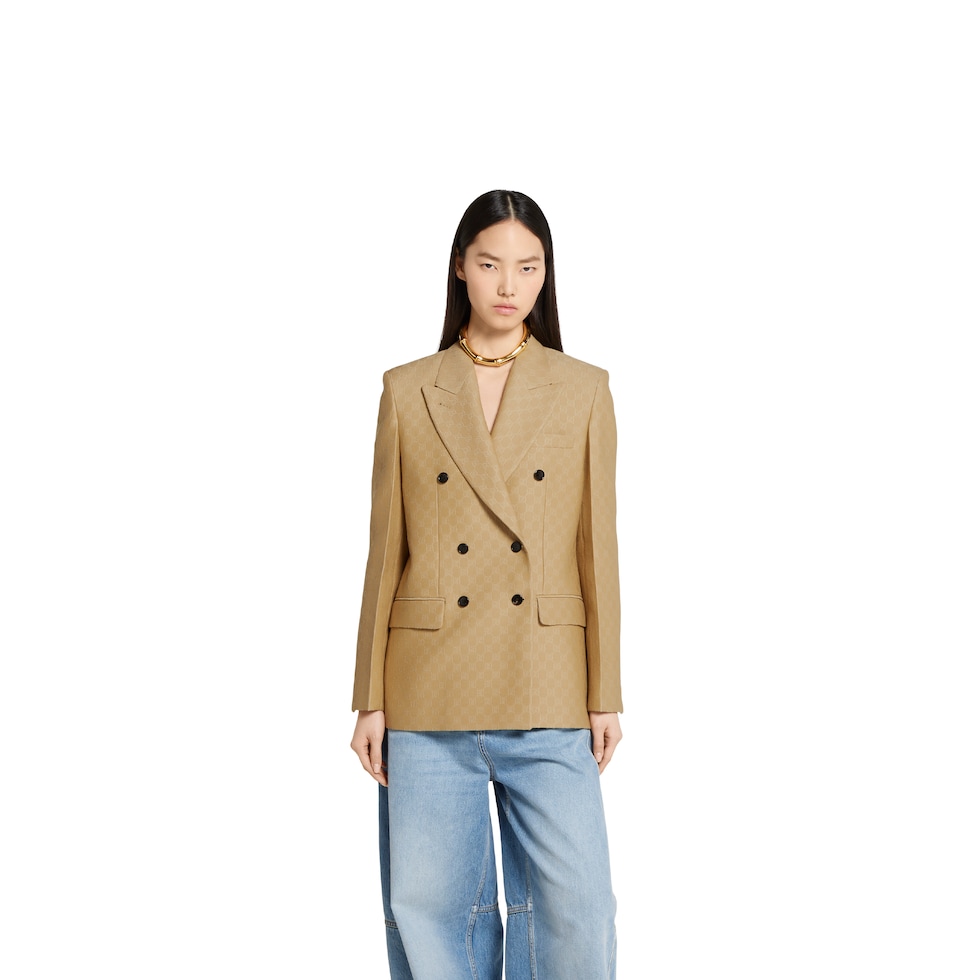 GG silk wool crêpe jacquard jacket in brown | GUCCI® US