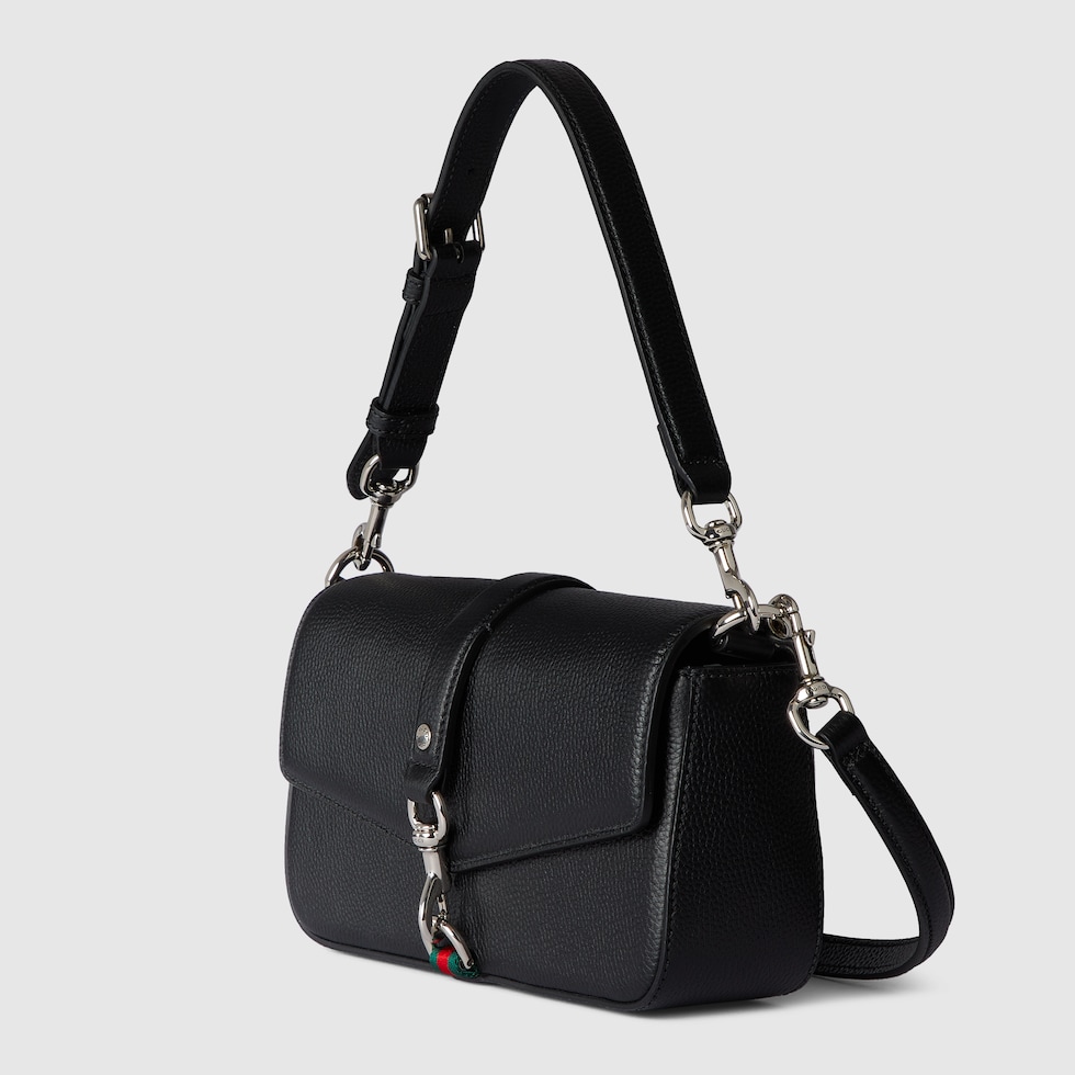 Small crossbody bag with hook closure in black leather