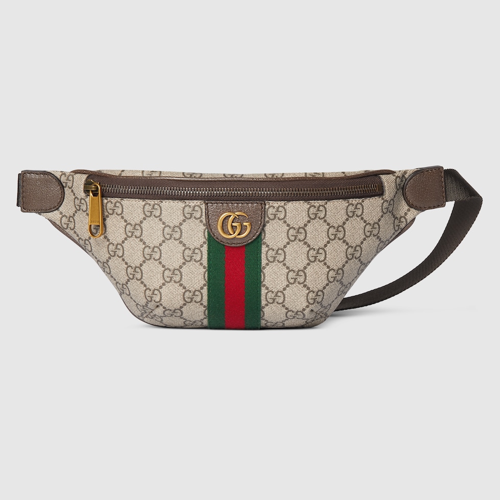 Ophidia small belt bag in beige and dark brown fabric