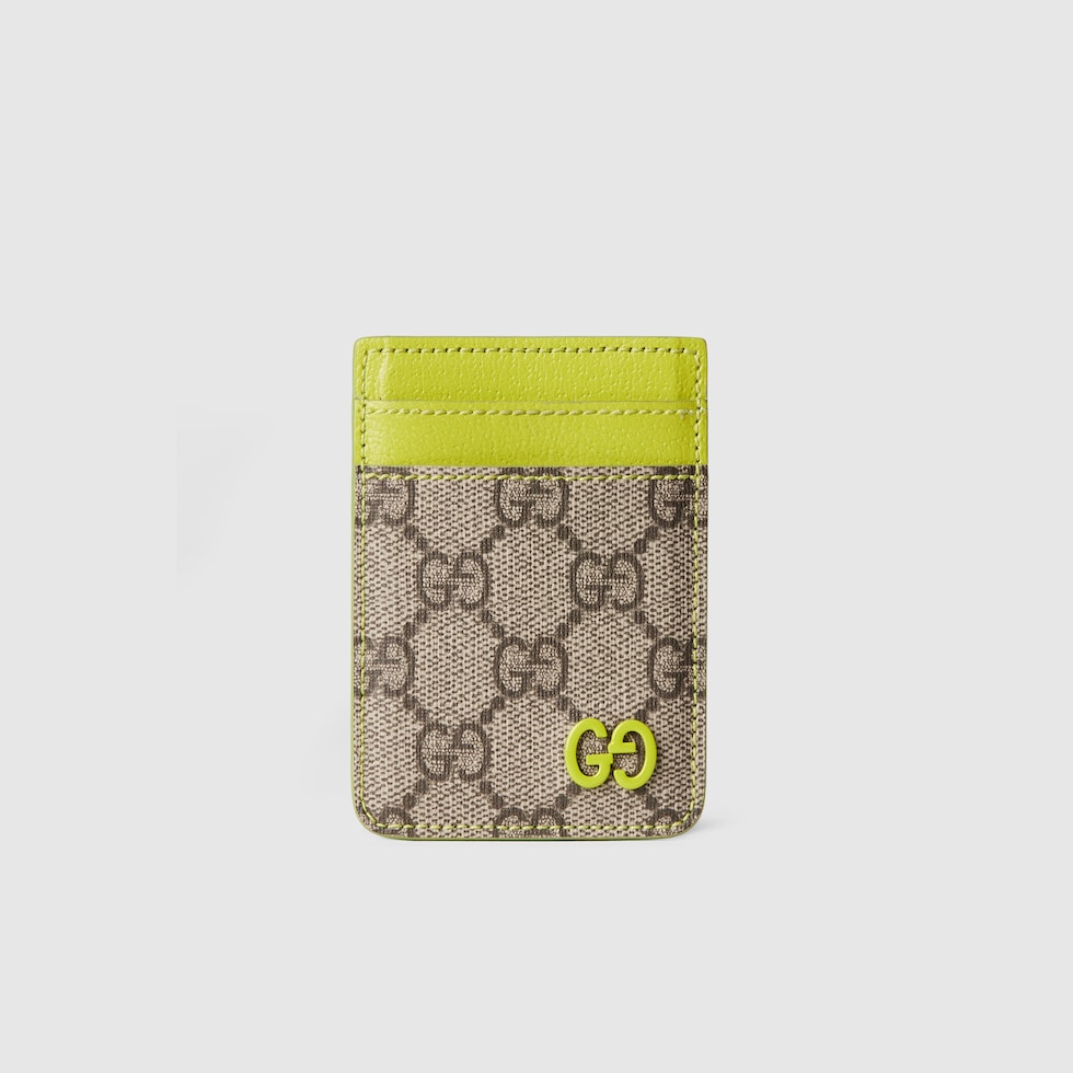 Acid green trim magnetic card case in beige and dark brown Supreme