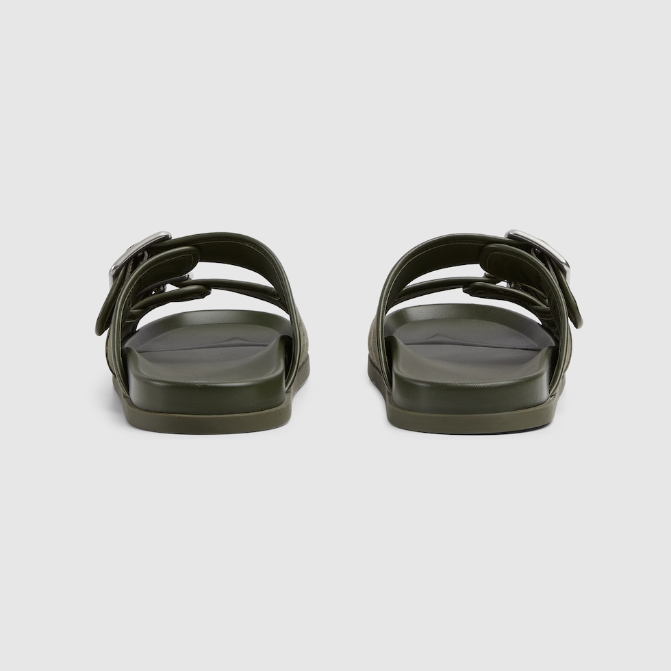Men's slide sandal with buckles in dark green GG canvas | GUCCI® US