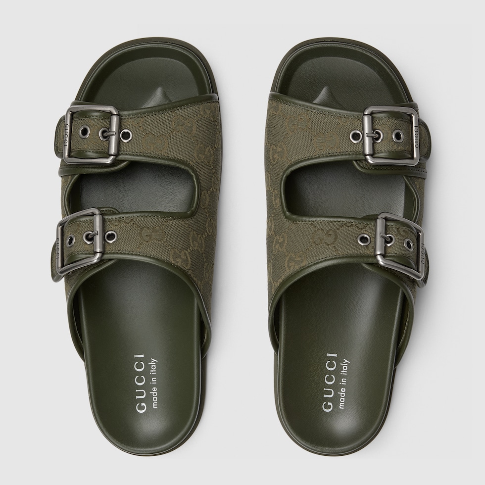 Men's slide sandal with buckles in dark green GG canvas