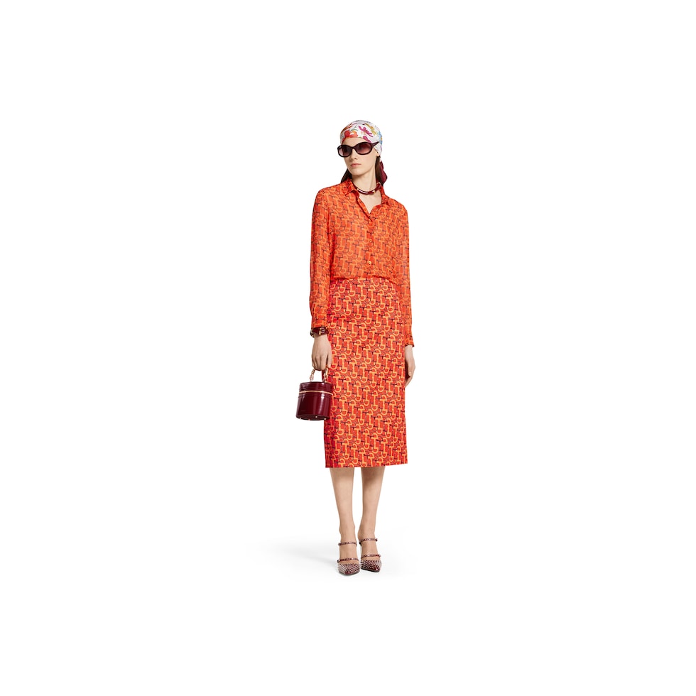 Printed cotton mid-length skirt in orange and Rosso Ancora