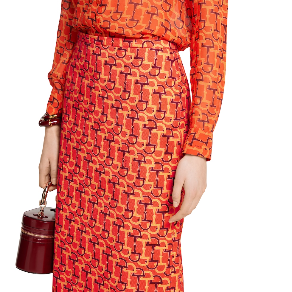 スカート GUCCI Women Mid Skirts 832799ZAS9N 7033 ORANGE Printed cotton mid-length skirt in orange and Rosso Ancora